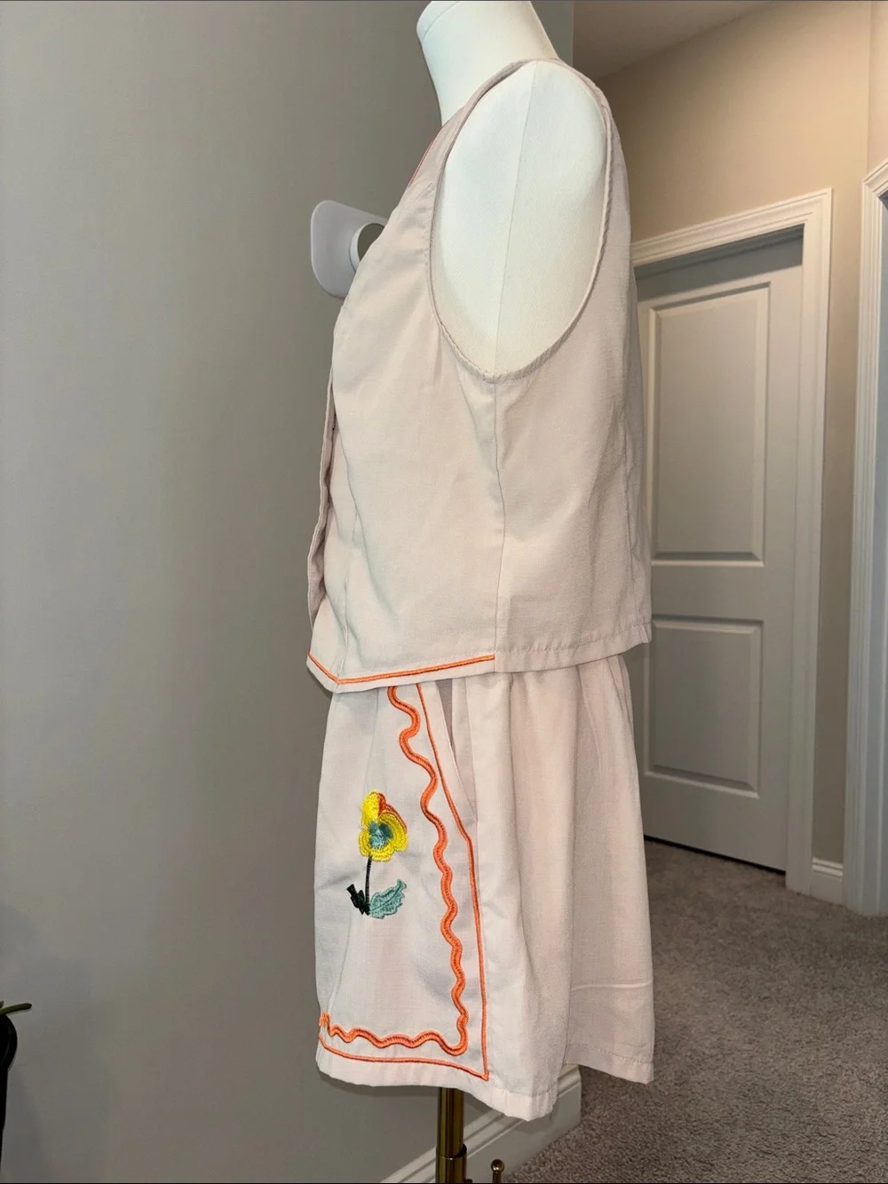 Embroidered Cream Sleeveless Two-Piece Set with Orange Trim